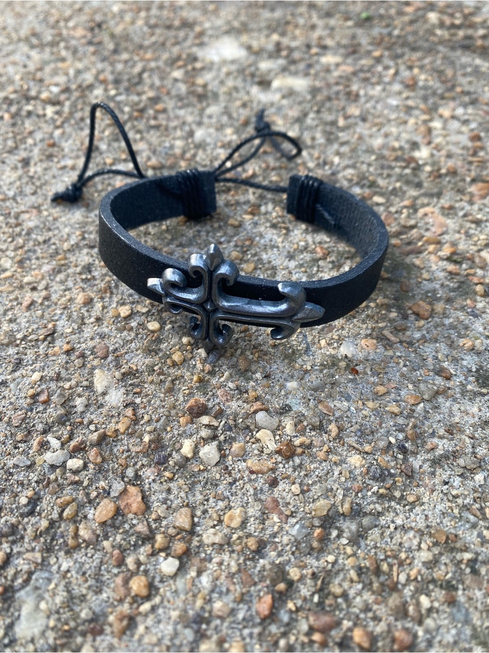 Black Leather Bracelet with Gunmetal Cross